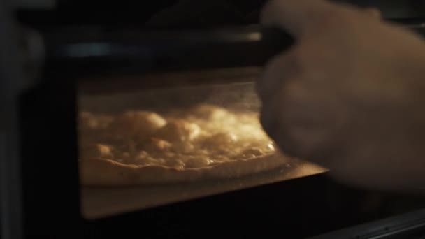 Hand-Nahaufnahme von Käse-Pizza-Backen im Ofen — Stockvideo