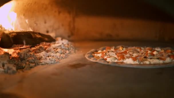 Handheld shot of seafood pizza baking in the oven — ストック動画