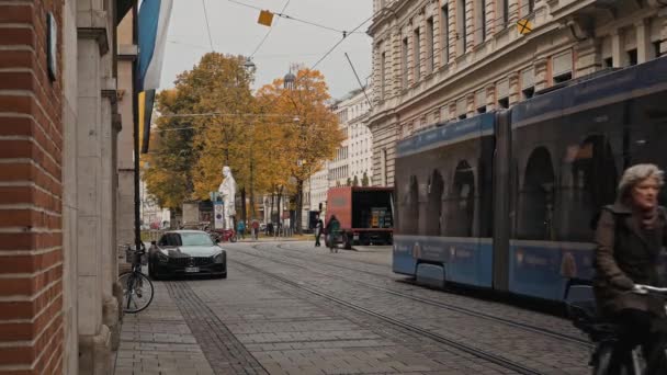 МЮНХЕН, ГЕРМАНИЯ - 27 ноября 2019 года: Широкий снимок людей, гуляющих по старому городу Мюнхена в режиме реального времени. Движение в Мюнхене, Германия — стоковое видео