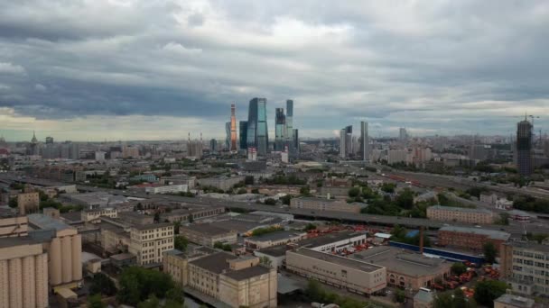 Aerial drone shot of residential buildings, road near Moscow City — Stock Video