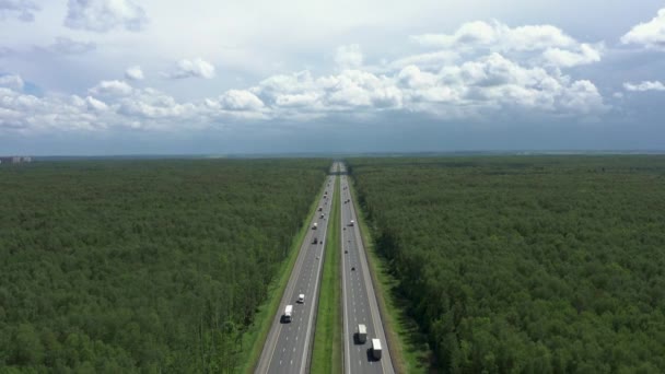 여름 하늘 아래 구름낀 하늘 아래 숲을 지나는 도로, 드론 공중 촬영 — 비디오