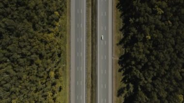 Çevresi yeşil ağaçlarla çevrili çok şeritli yollar, bir otoban insansız hava aracının üzerinden uçar.