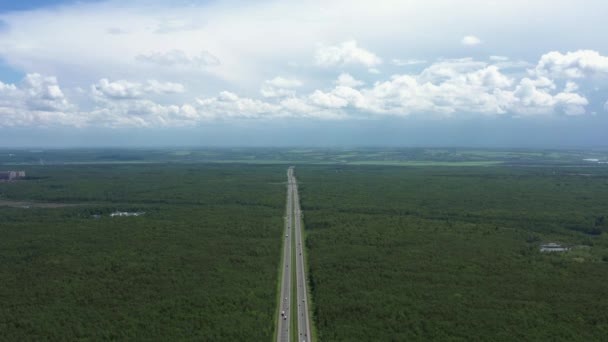 Estrada que passa pela floresta sob céu nublado na hora de verão, drone tiro aéreo — Vídeo de Stock