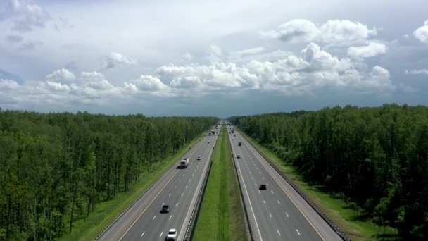 夏には曇りの空の下で森を通過する道路、ドローン空撮 — ストック動画