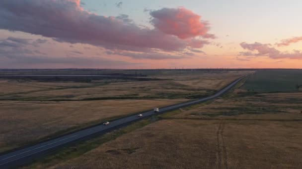 Drone vista de tiro de carretera en el campo y gran campo al atardecer — Vídeo de stock
