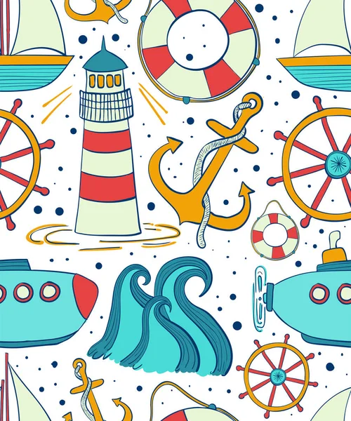 海のシームレスなパターン。海洋のテーマの子供の背景。ファブリックのボーイッシュな飾り. — ストックベクタ