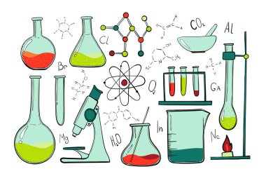 Laboratuvar Ekipmanları rengini ayarlayın. Bilim Kimya. Mikroskop, cam şişeler ve test tüpleri. Kimyasal deneyler. Formüller, elemanlar ve atomlar. nesneleri