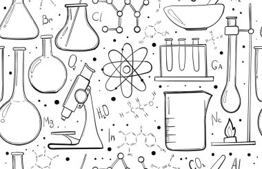 Laboratuvar Ekipmanları kroki seamless modeli. Bilim Kimya. Mikroskop, cam şişeler ve test tüpleri. Kimyasal deneyler. Formüller, elemanlar ve atomlar. Anahat nesneleri