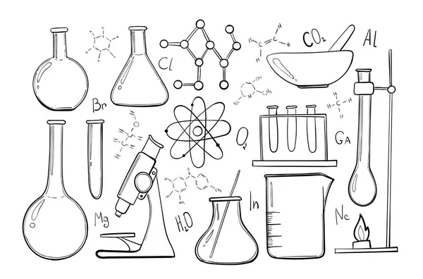 Skizzenset für Laborgeräte. Chemie der Naturwissenschaften. Mikroskop, Glaskolben und Reagenzgläser. chemische Experimente. Formeln, Elemente und Atome. Umrisse — Stockvektor