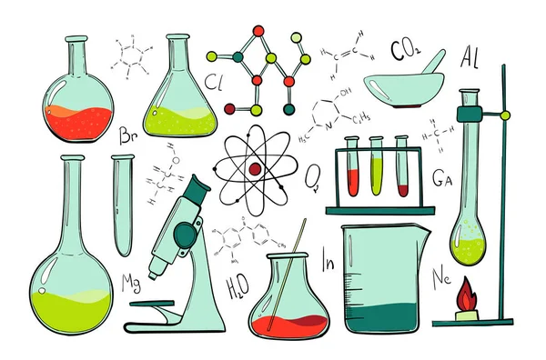 Set di colori per apparecchiature da laboratorio. Chimica scientifica. Microscopio, fiaschette di vetro e provette. Esperimenti chimici. Formule, elementi e atomi. oggetti — Vettoriale Stock