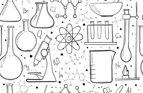 Laboratory equipment sketch seamless pattern. Science chemistry. Microscope, Glass flasks and test tubes. Chemical experiments. Formulas, elements and atoms. Outline objects — Stock Vector