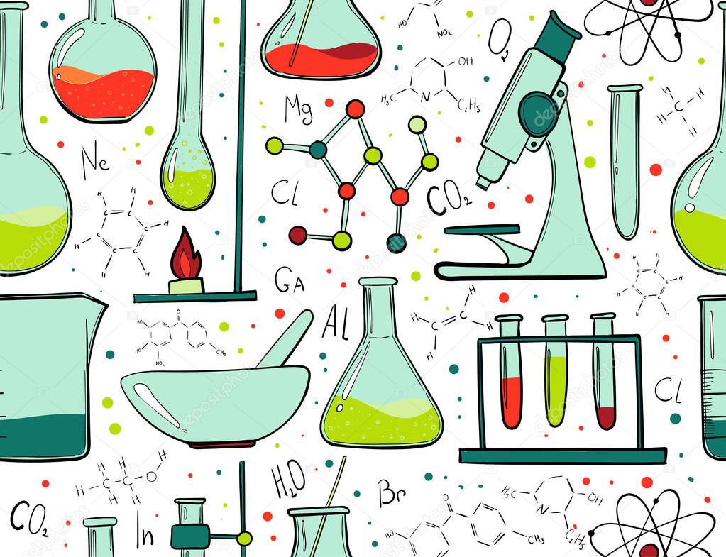 Laboratory equipment color seamless pattern. Science chemistry. Microscope, Glass flasks and test tubes. Chemical experiments. Formulas, elements and atoms. Background