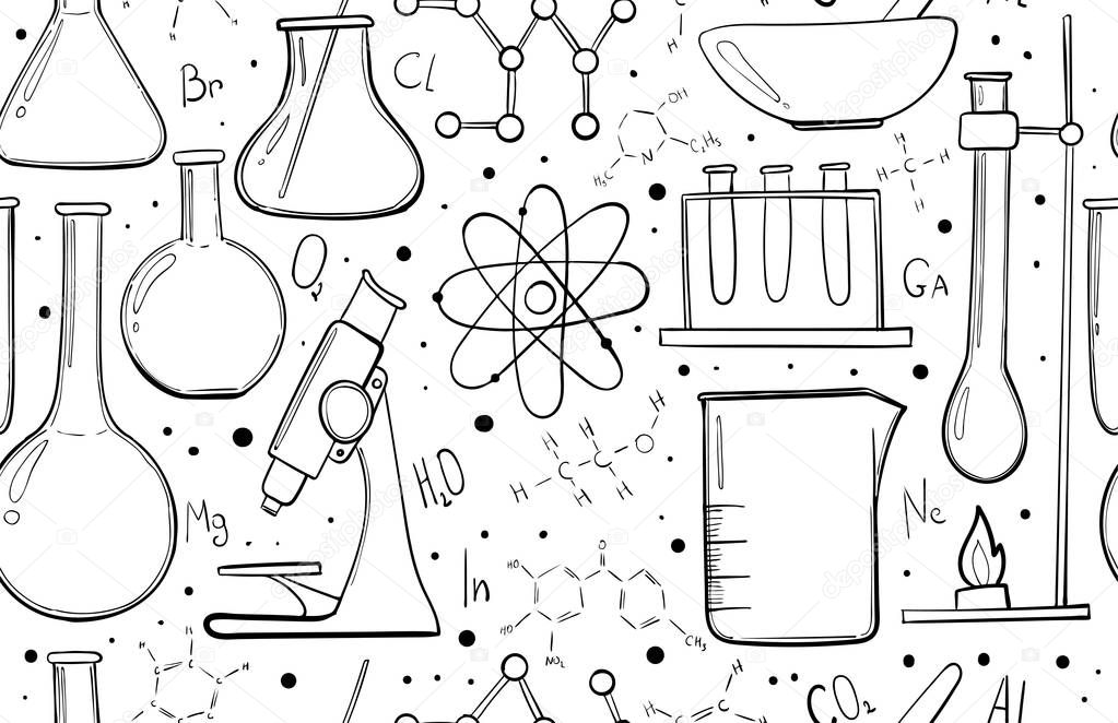 Laboratory equipment sketch seamless pattern. Science chemistry. Microscope, Glass flasks and test tubes. Chemical experiments. Formulas, elements and atoms. Outline objects