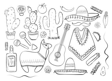 Fiesta ve Latin Amerika festivaller. Meksika'nın bir tema tasarım öğeleri kümesi. Geleneksel İspanyol nesneler. Panço ve sambrebo. Gitar ve Marakas. Tekila kaktüs ile