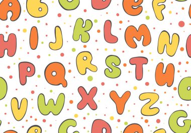 ABC seamless modeli. Renkli mektup arka plan. Yazdırma için çizgi film çocuklar yazı tipi.