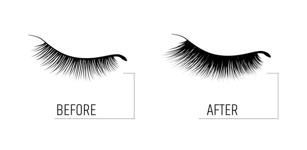 Eyelash extension. A beautiful make-up. Thick fuzzy cilia. Mascara for volume and length. Before and after the procedure. cosmetic for the growth of eyelashes — Stock Vector