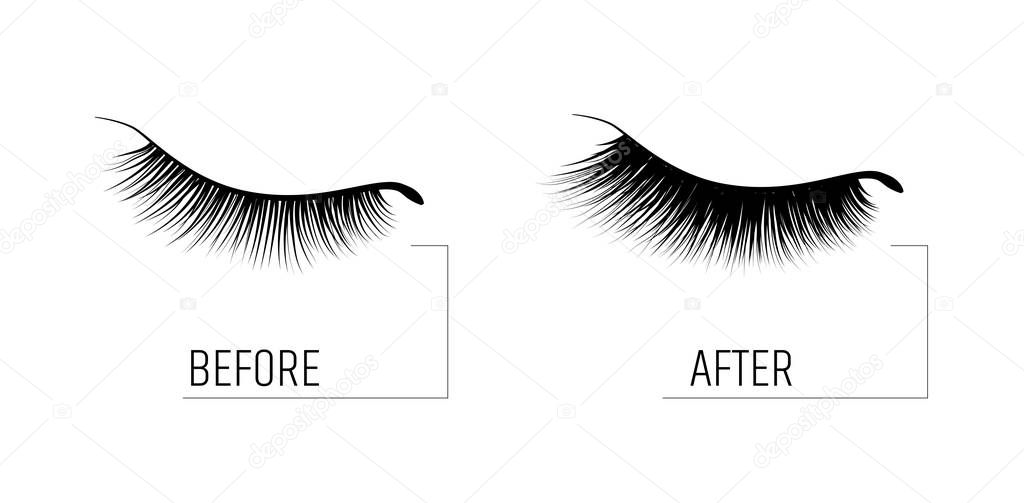 Eyelash extension. A beautiful make-up. Thick fuzzy cilia. Mascara for volume and length. Before and after the procedure. cosmetic for the growth of eyelashes