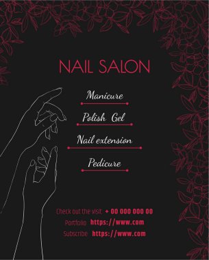 tırnak salonu. Siyah lüks bir afiş, el ilanı veya bir fiyat etiketi şablonu. Manikür ve pedikür tasarım düzeni.