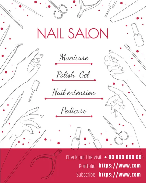 Salón de uñas. Plantilla de un cartel, un folleto o una etiqueta de precio. Diseño de manicura y pedicura . — Vector de stock