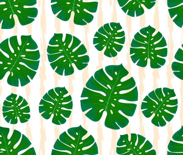 Monstera naadloze patroon. Afdrukken met bladeren. Ontwerp van textiel en stoffen. Trendy palm bladeren op een abstracte achtergrond. — Stockvector