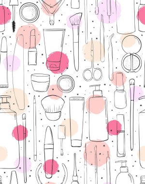 Kozmetik ve makyaj. Seamless modeli. Moda stil. Güzellik salonları için arka plan. Kroki veya kontur, el ile çizim