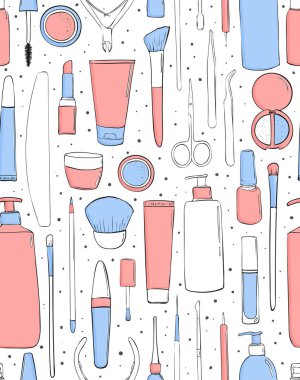 Kozmetik ve makyaj. Seamless modeli. Güzellik Salonu. Pastel pembe ve mavi renk. Son moda stil, el ile çizim. kızlar için arka plan. İllüstrasyon