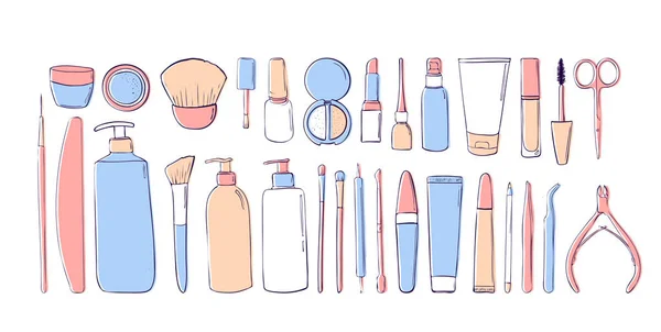 Productos Belleza Colores Pastel Dibujo Manual Kit Maquillaje Salón Belleza — Foto de Stock