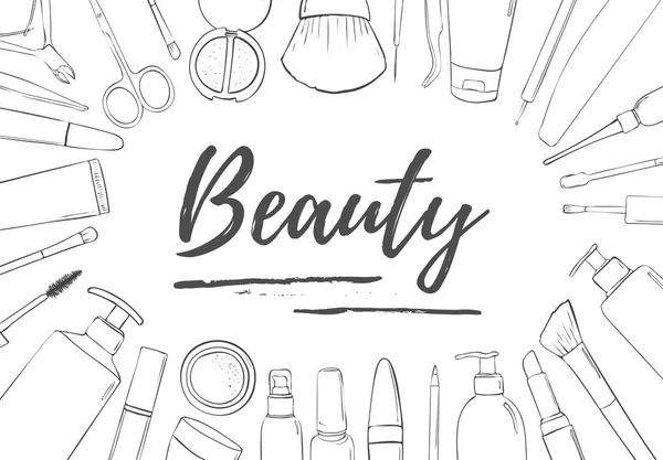化妆品的框架 黑白模板的美容博客 水疗沙龙 文本的位置 布局插图 — 图库照片