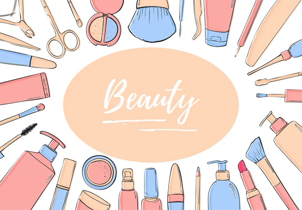 Bir çerçeve kozmetik ürünleri. Pastel mavi ve pembe siyah beyaz şablonu güzellik blog, mağaza, spa salonu. Metin için yer. İllüstrasyon