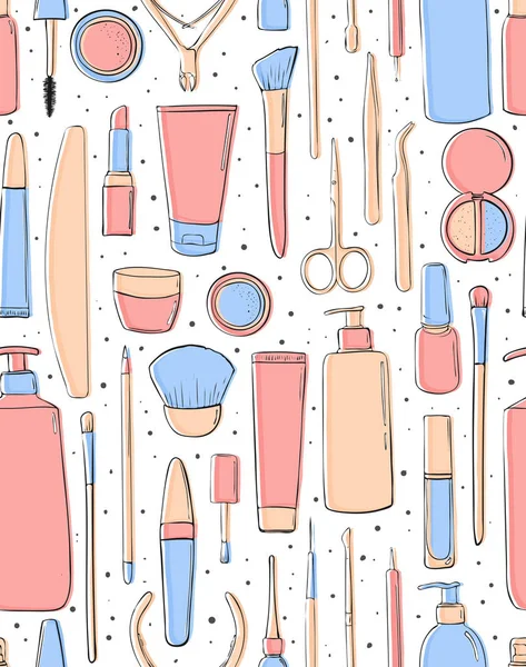 seamless modeli. Güzellik Salonu. Kozmetik ve makyaj. Pastel pembe ve mavi renk. Kızlar için nazik arka plan. İllüstrasyon