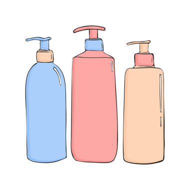 duş jeli şişe Sabunluk ile. Set kozmetik simgesi. Trendy karikatür tarzı. Hijyen ve sağlık illüstrasyon. Güzellik nesne sabunu, losyon veya krem
