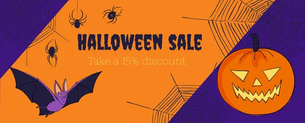 Plantilla de banner web de ventas de Halloween. Bono de descuento. Imagen con la cabeza de una calabaza, murciélago y arañas — Vector de stock