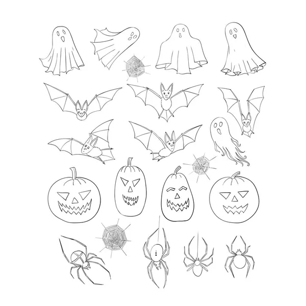 Set de Halloween. Una colección de elementos decorativos. Cabeza de calabaza, murciélagos, fantasmas y poltergeist, araña y telarañas . — Vector de stock