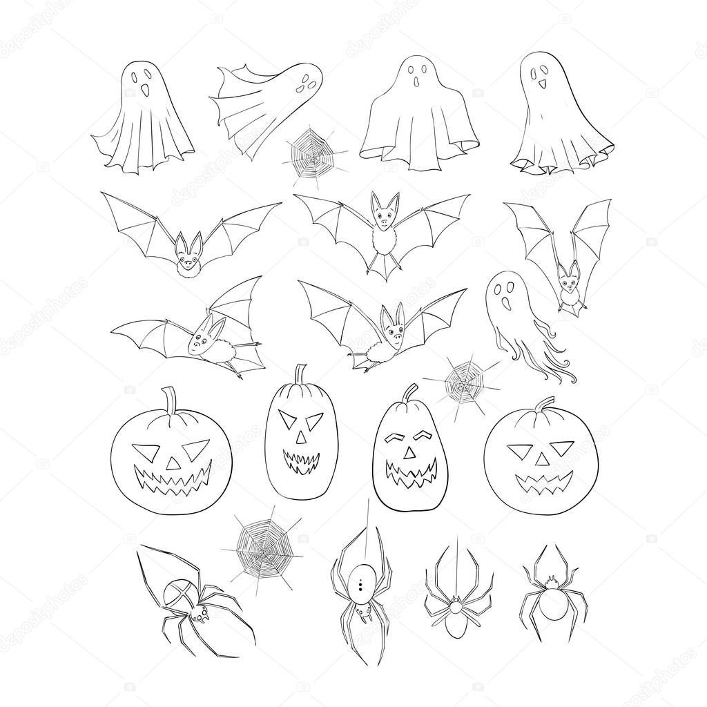 Halloween set. A collection of decorative elements. Pumpkin head, bats, ghosts and poltergeists, spider and cobwebs.