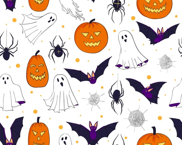 Halloween sömlösa mönster. Spöken, fladdermöss, pumpa huvuden och spindlar. — Stock vektor