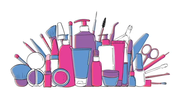 Blog de belleza o sombrero de tienda de maquillaje. Salón de belleza y productos de maquillaje. Manos de dibujo — Vector de stock