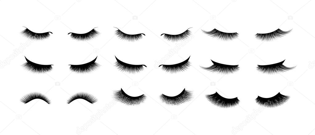 Eyelash extension set. Beautiful black long eyelashes. Closed eye . False beauty cilia. Mascara natural effect. Professional glamor makeup. Collection