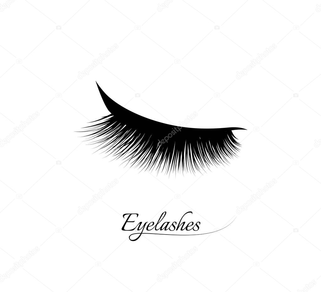 Eyelash extension. Beautiful black long eyelashes. Closed eye . False beauty cilia. Mascara natural effect. Professional glamor makeup. Logo
