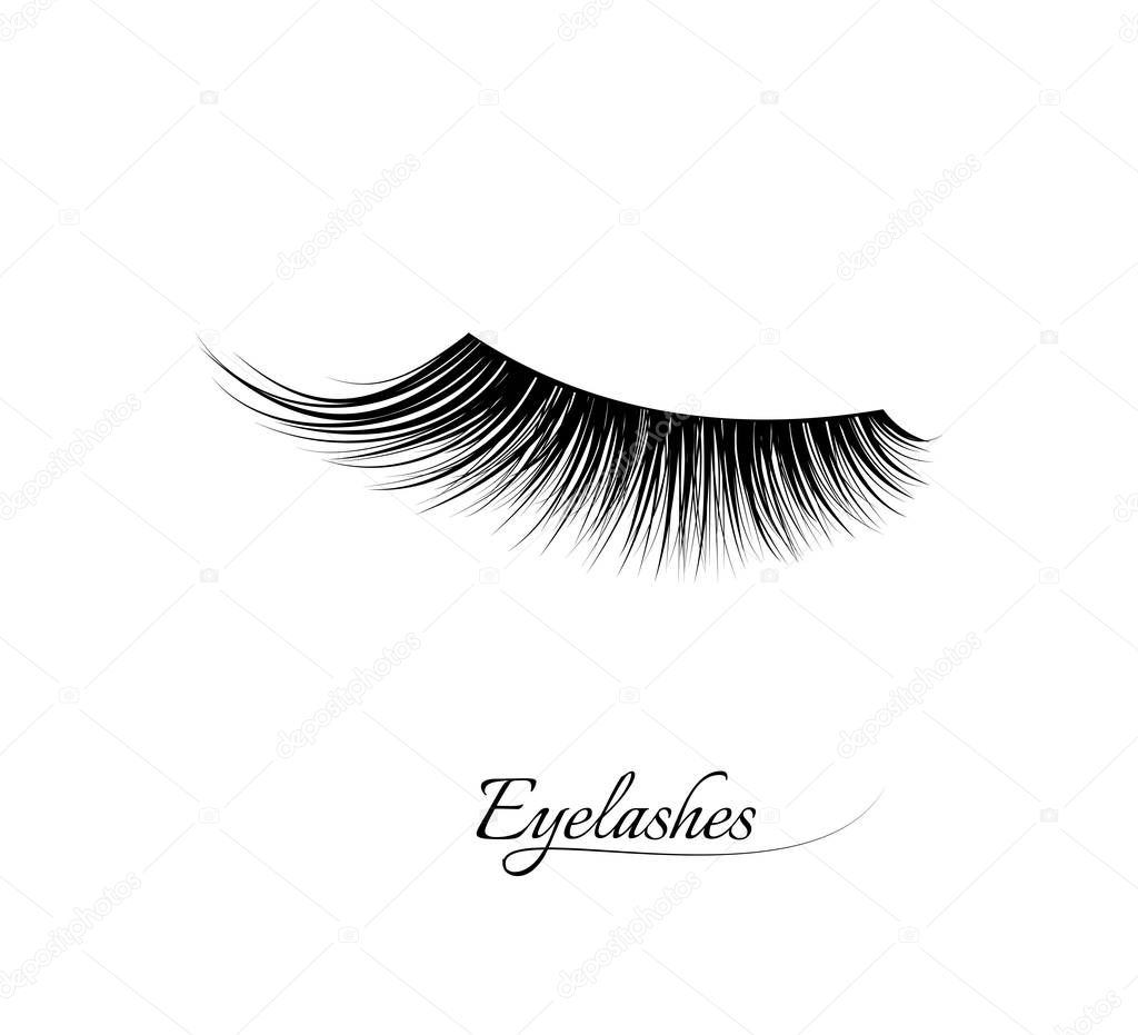 Eyelash extension. Beautiful black long eyelashes. Closed eye . False beauty cilia. Mascara natural effect. Professional glamor makeup. Logo