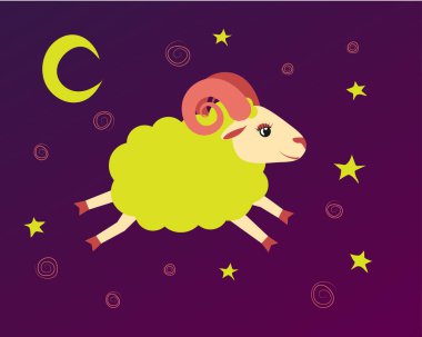 Kuzu yıldızlı gökte yıldızlar arasında karşılıklı seferleri bulunuyor. bir ninni ve yatmadan illüstrasyon baa-kuzu sembolü. 