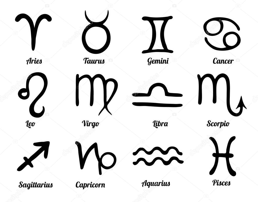 Set of 12 hand drawn zodiac signs. Black astrological symbols. 