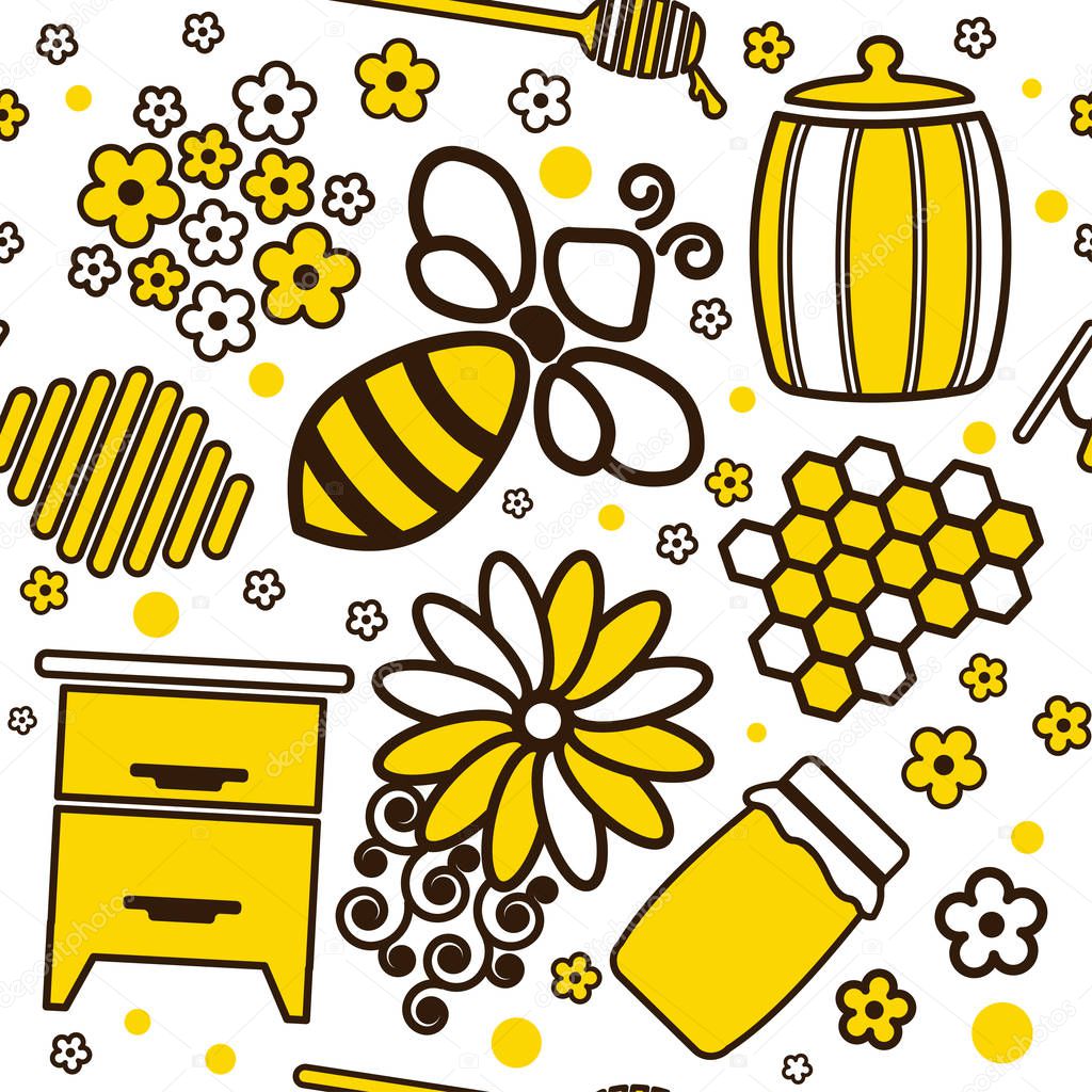 Seamless cartoon pattern with honey jars and bee. illustration