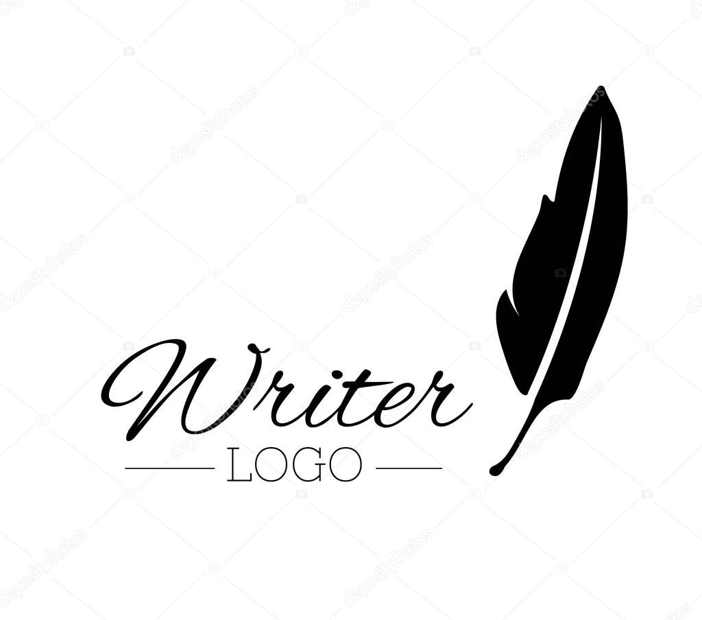Vintage pen, feather writer symbol, retro literature icon, diary sign black illustration, writer logo templated