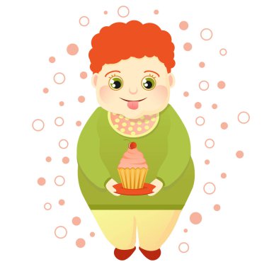 Kızıl saçlı şişko bir pasta tutar ve kendini yalıyor. Serin tatlım ya da sevgilisi tatlılar. Sevimli obur