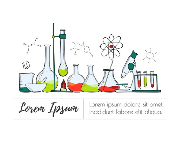 Laboratuvar Ekipmanları rengini ayarlayın. Bilim Kimya. Mikroskop, cam şişeler ve test tüpleri. Kimyasal deneyler. Formüller, elemanlar ve atomlar. nesneleri