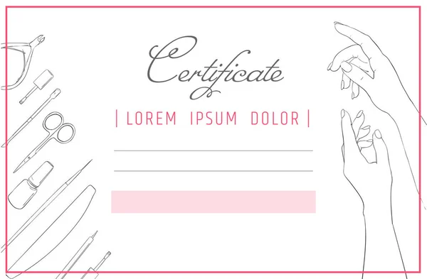 Plantilla de certificado de manicura y diseño de uñas. Diploma manos cuidado spa . — Vector de stock