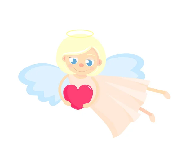 Schattig Cupido met hart. Voor een Valentijn of een kaart voor Valentijnsdag. Leuk blond meisje vliegen — Stockvector