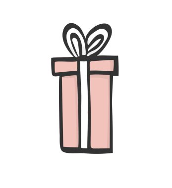 hediye simgesi. Pembe, uzun boylu ve uzun kutusu kurdele ile mevcut. El çizimi. Doodle stili .