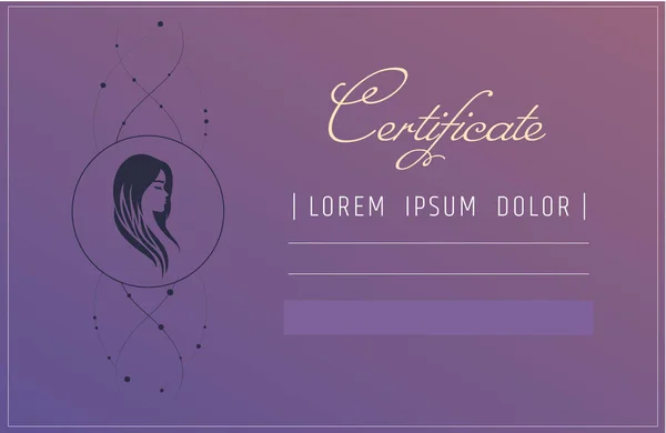 Extensiones de cabello o plantilla de certificado de peluquería. escuela de belleza o cursos de actualización para esteticista. Maquillaje cosmético o diploma de cuidado de spa . — Archivo Imágenes Vectoriales