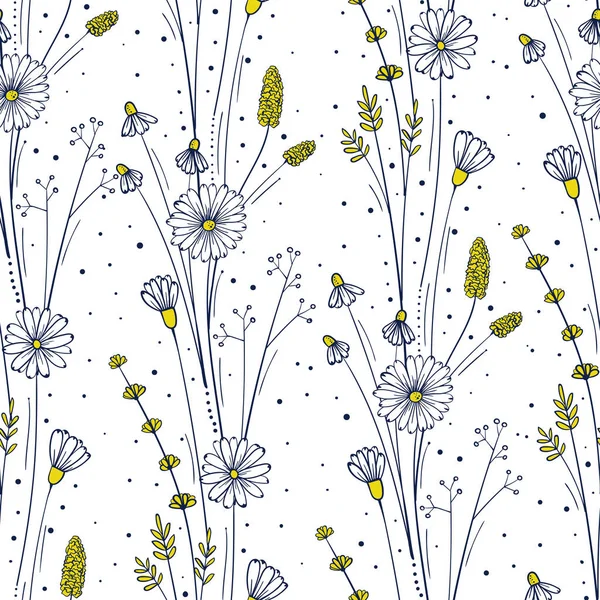 Wildflower Naadloze Patroon Floral Herhalen Achtergrond Bloemen Bladeren Sieraad Voor — Stockvector